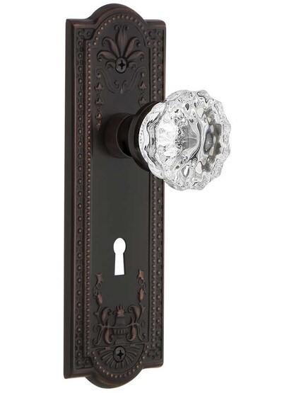 Meadows Design Mortise Lock Set With Fluted Crystal Door Knobs in Timeless Bronze.